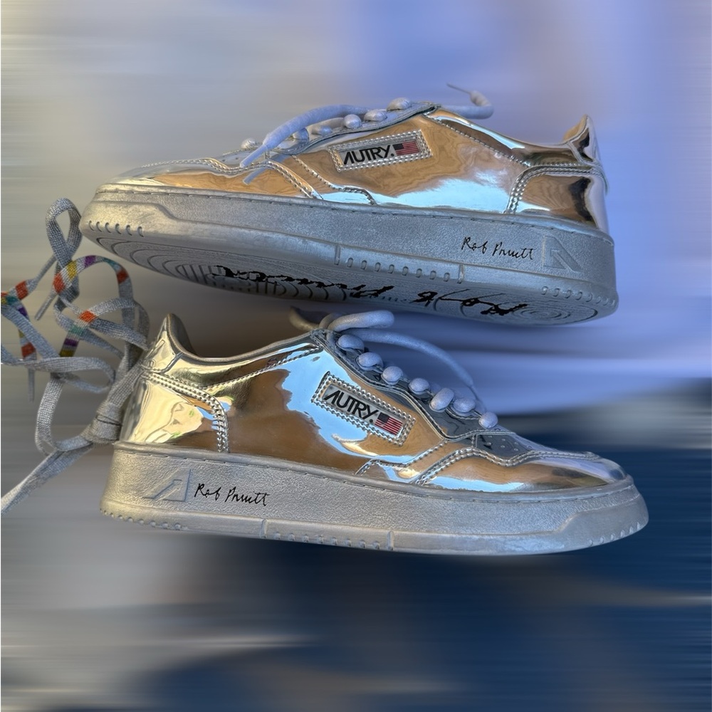 Autry X Rob Pruitt Patent Leather Sneakers WOMEN SZ 39/9 Silver MIRROR Shoe Art